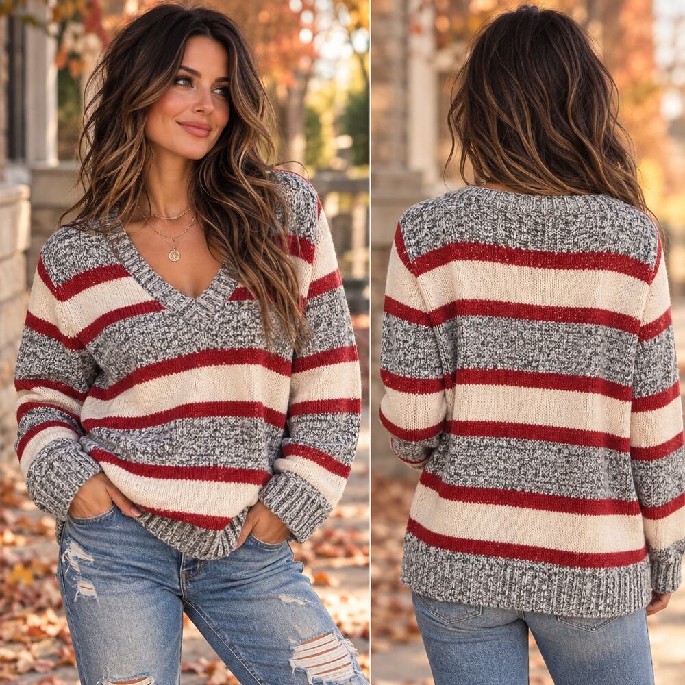 Vtg 2000s Tommy Hilfiger Sz L 100% Cotton Chunky Knit V Neck Sweater Preppy Y2K